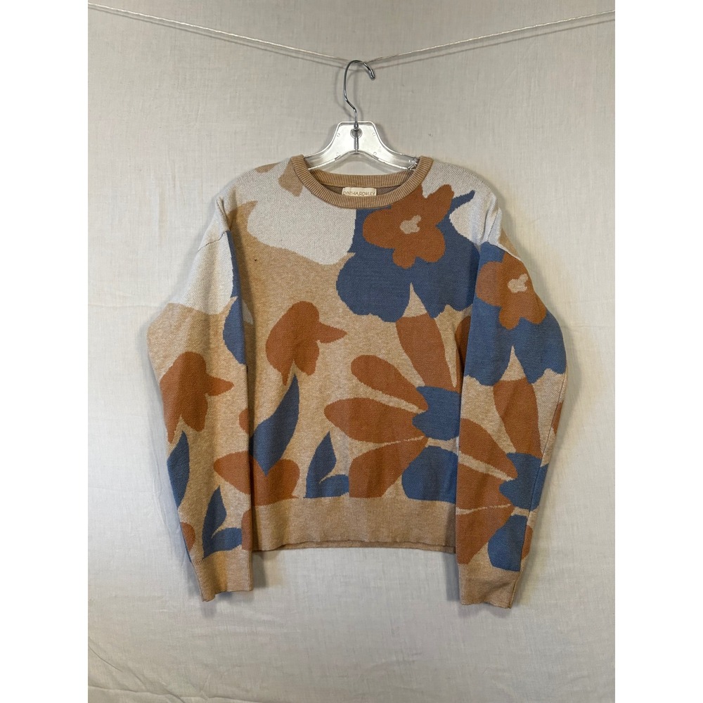 Cynthia Rowley Womens Floral Intarsia Crewneck Sweater Tan Blue Rust Size M